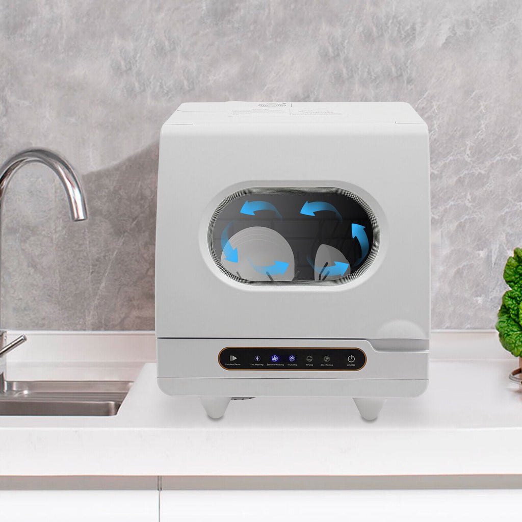 Portable Countertop Dishwasher 5 Washing Programs with Water Tank Leak-Proof Dry 360° Rotation Flushing, Uitable for Homes Kitchen Apartments Dormitories Campers