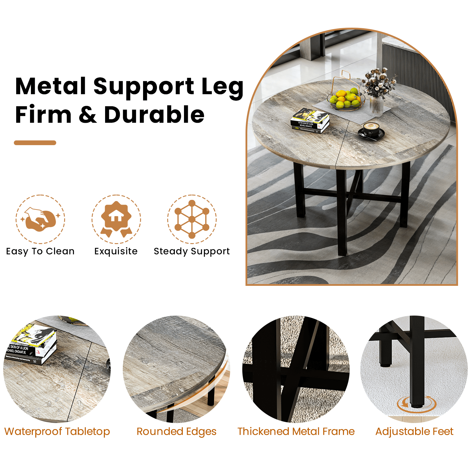 MIERES Round Dining Table Set for 4,Wood Round Kitchen Table and Chairs Set for 4,Modern Dining Room Table Set with 4 Faux Leather Chairs,Round Dinner Table for Small Space Gray
