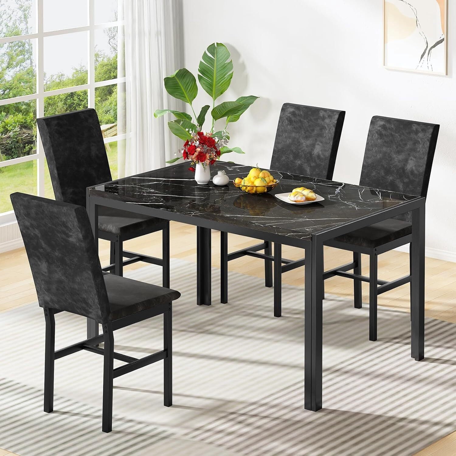 MOOSENG 5-Piece Dining Table Set with Faux Marble Top, Modern Kitchen Table and Set of 4 Grey Velvet Upholstered Chairs, Space-Saving Dinette Set for Small Spaces