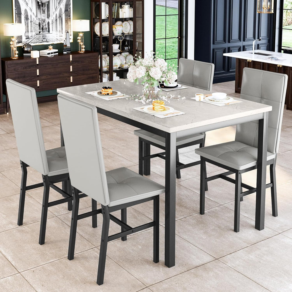 LinkRomat Dining Table Set for 4, Modern Faux Marble Tabletop and 4 PU Leather Upholstered Chairs, Kitchen Table and Chairs for Dining Room Breakfast Nook, Gray