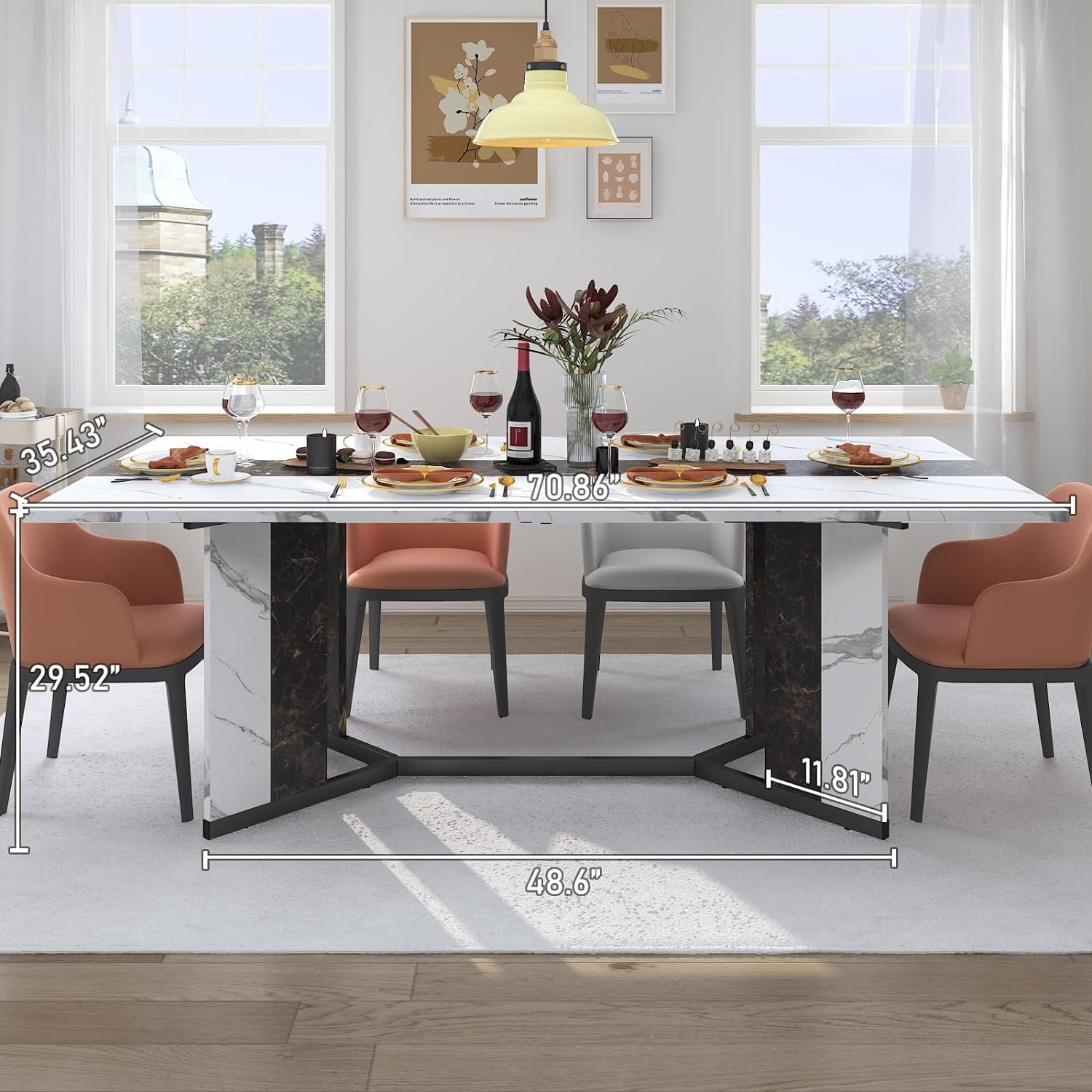 71 inch Large Rectangular Dining Table for 6-8 People, Dining Table with Marble-Color Wood Waterproof Tabletop and Adjustable Leg, 6ft Luxurious Family Dinner Table for Office Kitchen Living Room