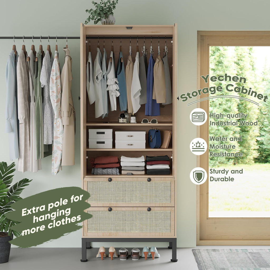 Brafabhome 67H Fluted Armoire Wardrobe Closet with Drawer, Wooden 2 Doors Wardrobe Cabinet with Hanging Rod & Adjustable Shelf for Bedroom | Nature
