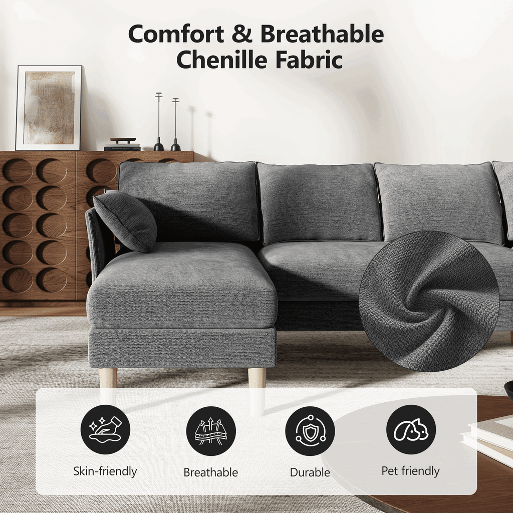 BedLuxury 100 U-Shape Sectional Sofa with Chaise, Chenille Modern Couch with High Legs for Living Room, Apartment, Beige