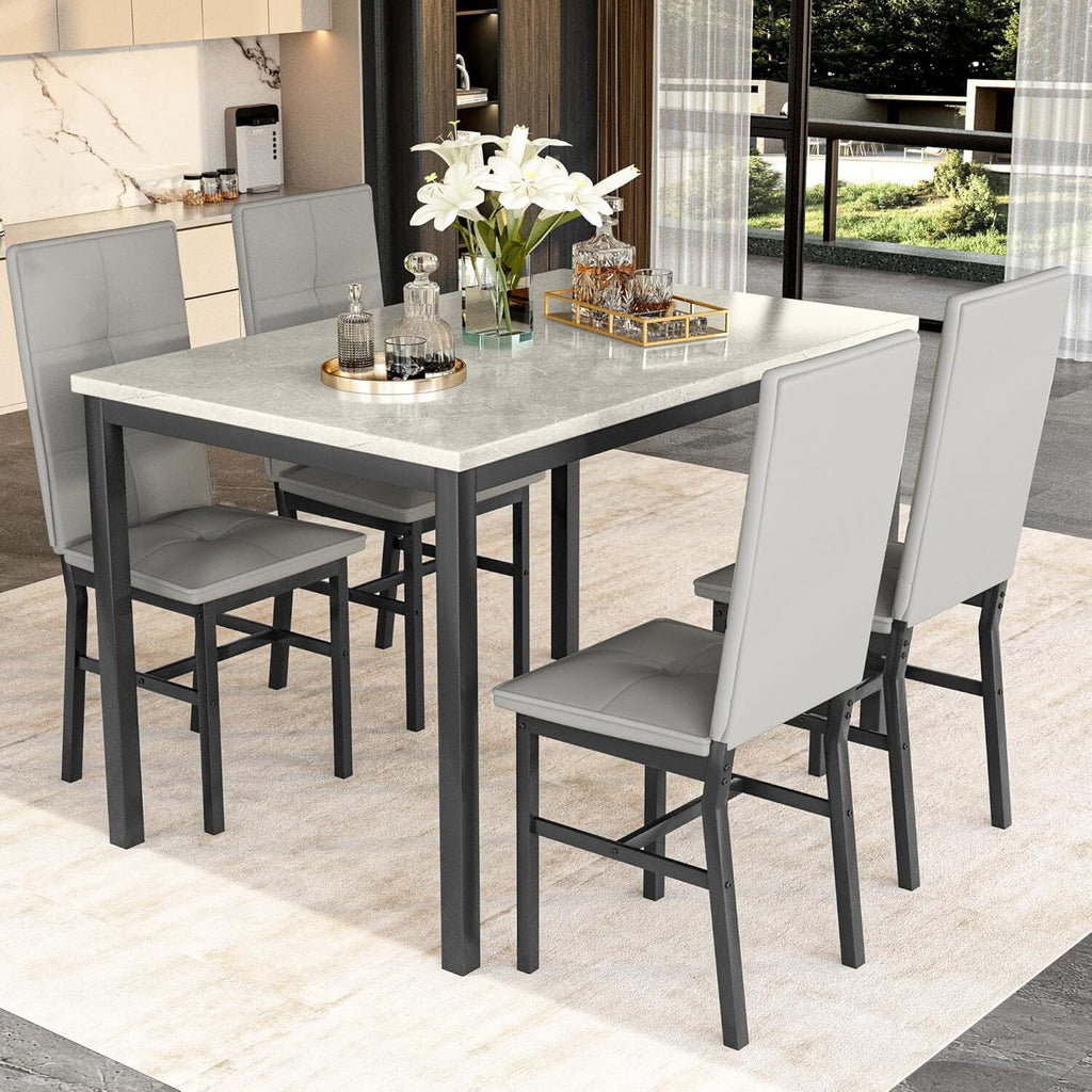 MOOSENG Dining Table Set for 4, Faux Marble Kitchen Table and Chairs Set of 4, 5-Piece Dining Room Set with PU Leather Upholstered Chairs for Small Space, Gray