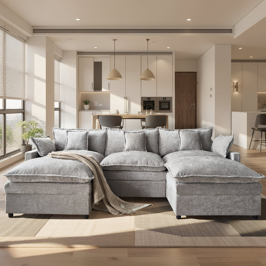 Ovios 108 Modular Sectional Sofa U-Shaped Cloud Couch with 2 Ottomans, Comfy Living Room Furniture, Chenille, Camel