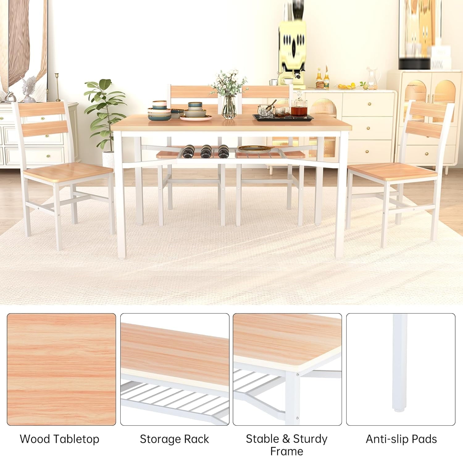 Baxluxe 4-person dining table set, farmhouse-style wooden kitchen dining table and chair set, farmhouse 5-piece dining table set with storage rack, small kitchen dining table set,Black