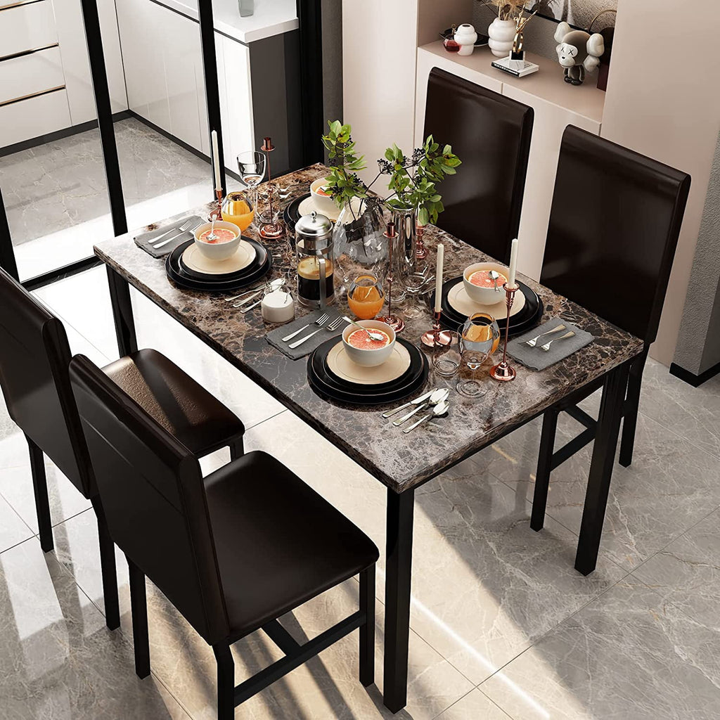 MIERES 5-Piece Dining Table Set for 4, Faux Marble Kitchen Table and 4 Chairs, Modern Dining Room Table with 4 Chairs, Dinner Table Set for Small Spaces, Brown